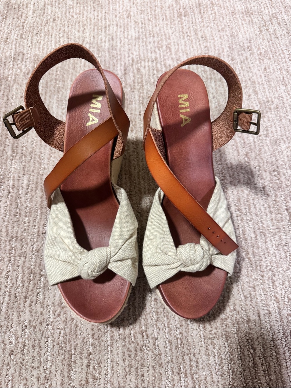 MIA Cream Knot Front & Tan Leather Ankle-Strap Wedges